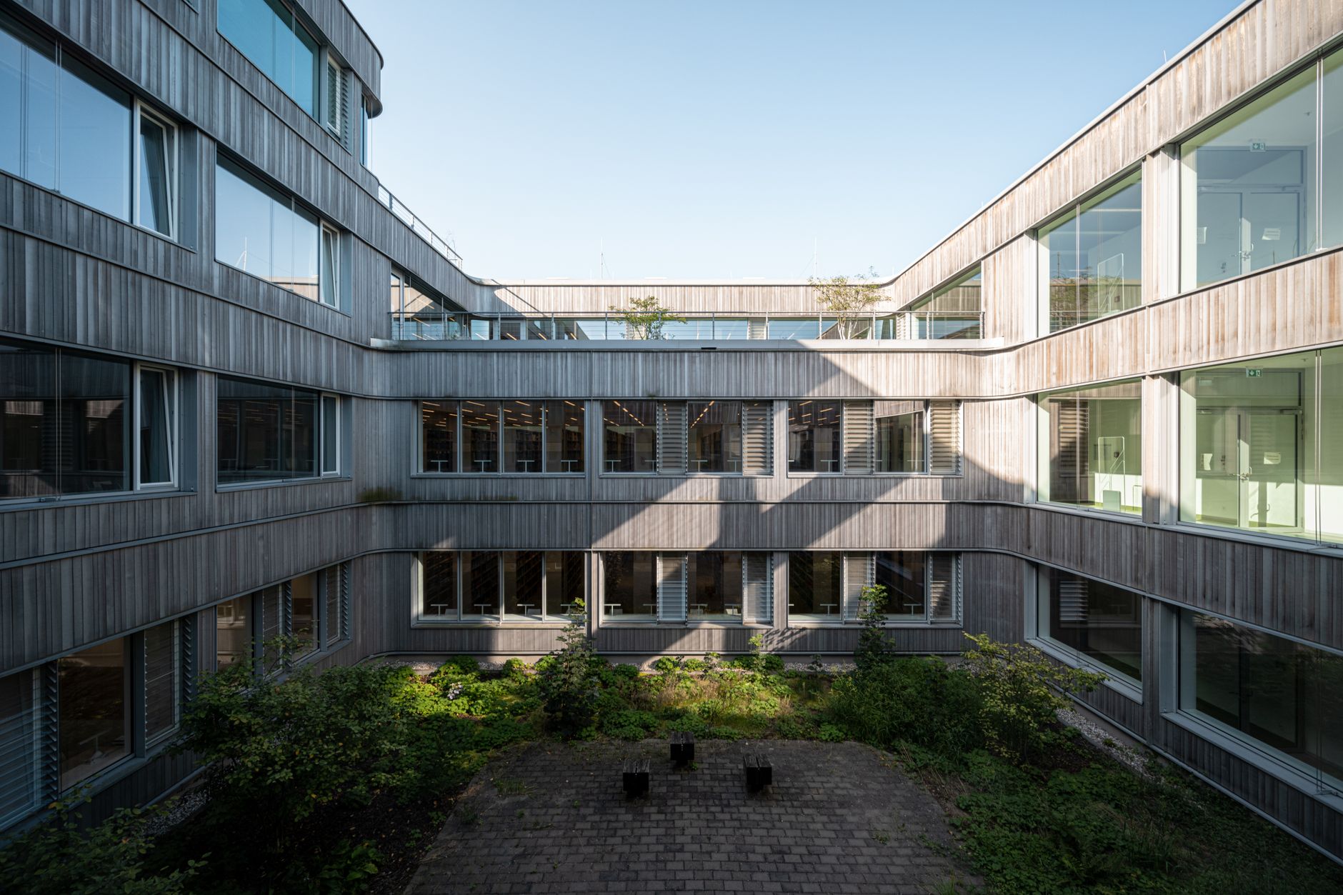 Ein zeitgenössischer Innenhof eines Gebäudes mit natürlichem Licht und Grünanlagen in Berlin, Deutschland.