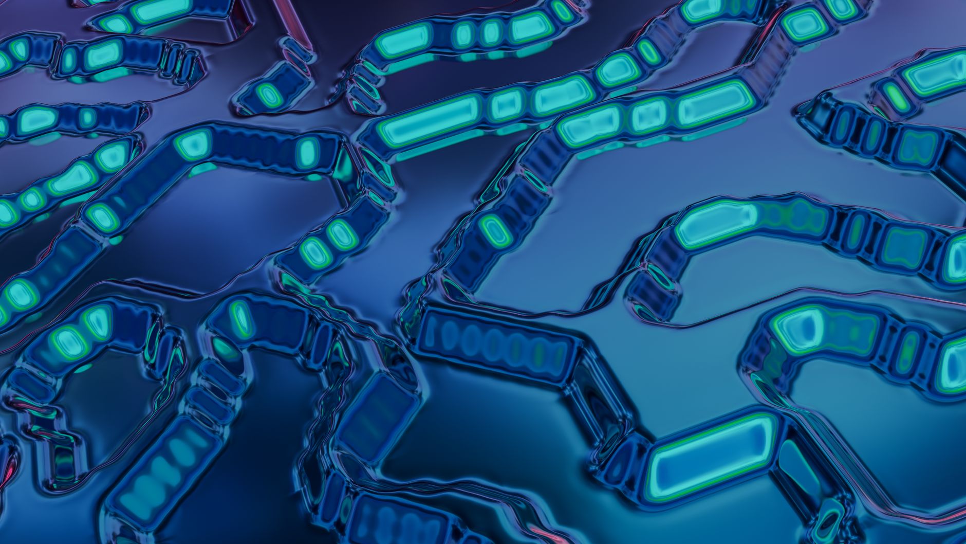 Hochmoderne abstrakte Kunst mit blauen und türkisfarbenen, circuitähnlichen Mustern und digitalem Flair.